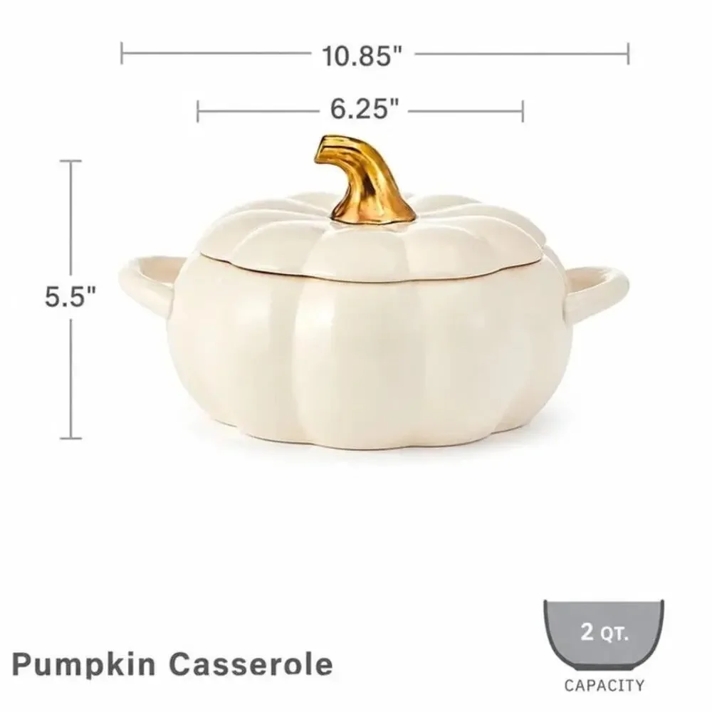 Pfaltzgraff White Pumpkin Casserole Dish Stoneware Cream Gold Stem NEW in Box